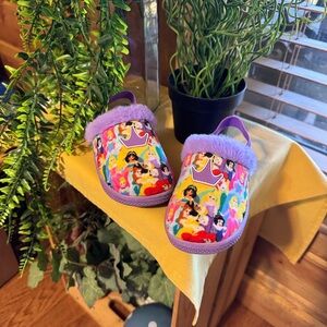 Disney Kids Slippers with Purple Faux Fur and Multicolor Princess Designs